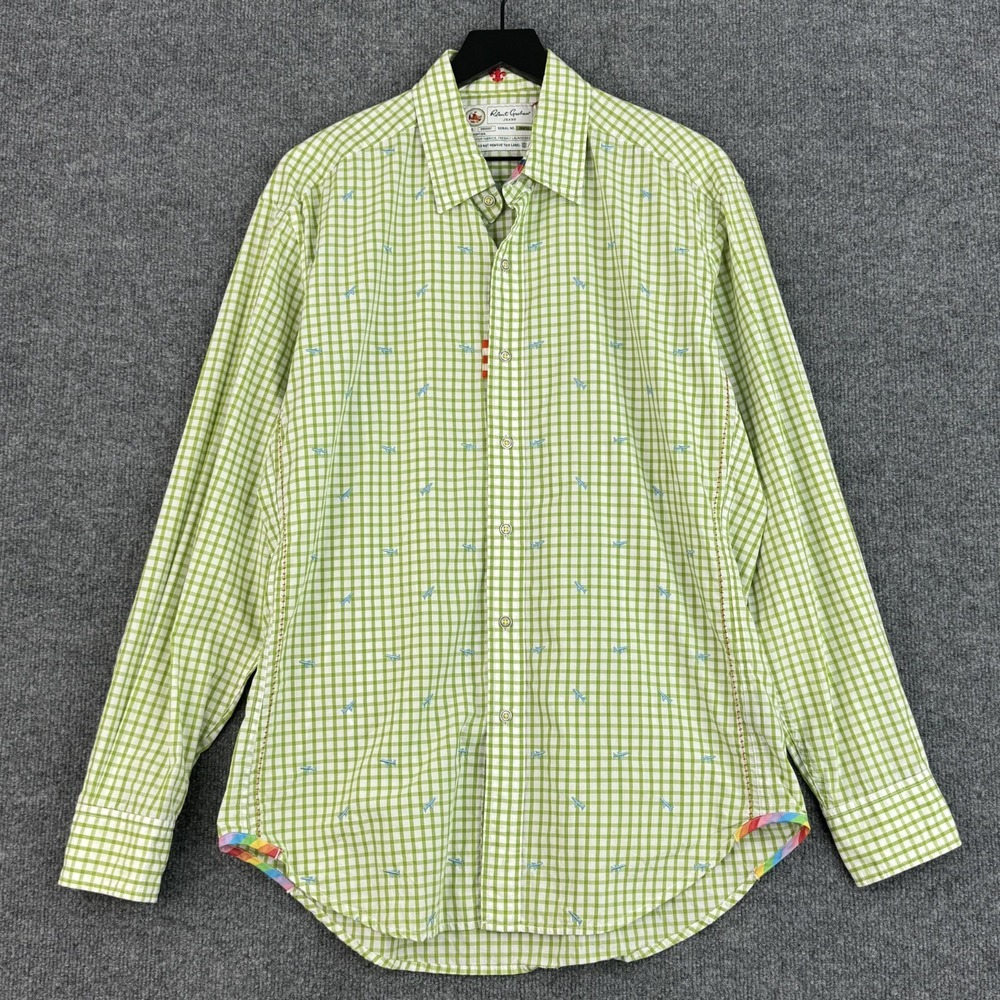 Robert Graham Jeans Button Up Shirt Mens L Green Gingham Airplane Embroidered